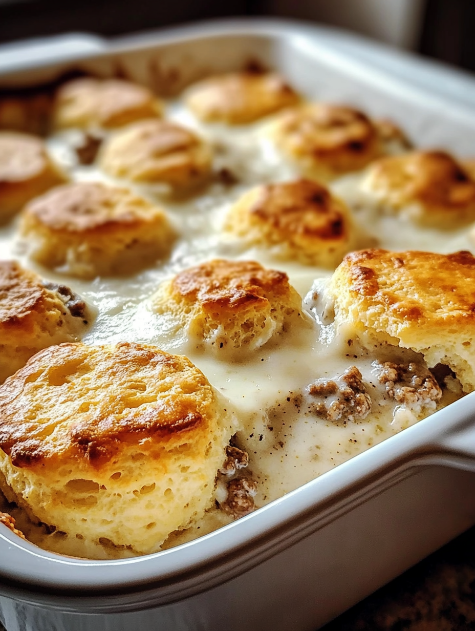 Biscuits and Gravy with Sausage and Egg Breakfast Casserole