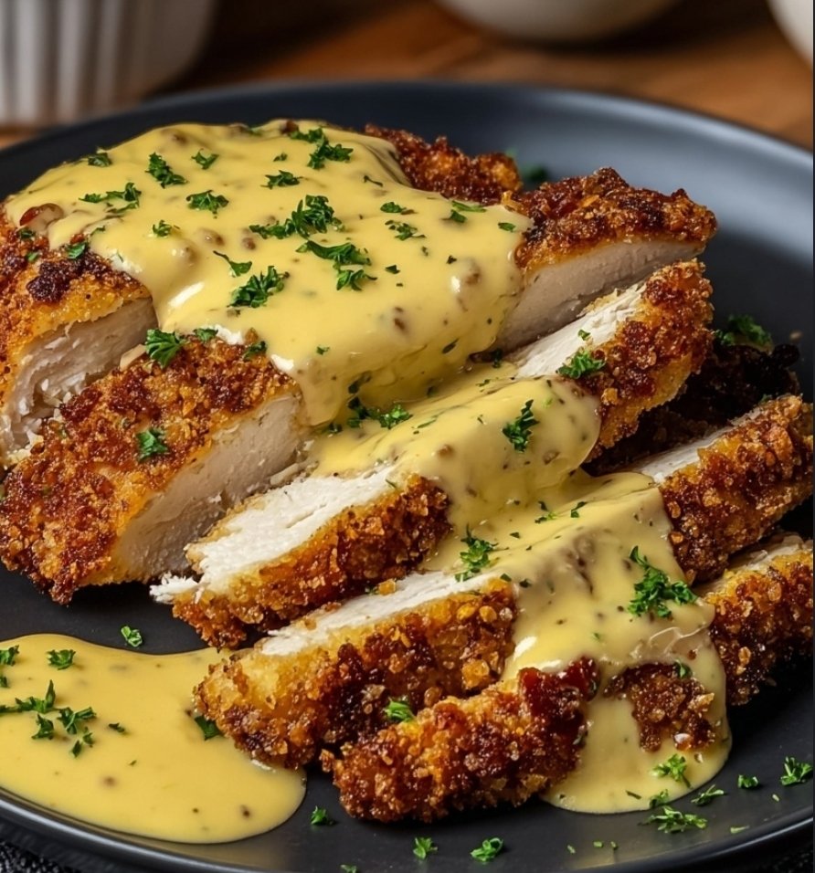 Pretzel-Crusted Chicken with Creamy Mustard Cheddar Sauce