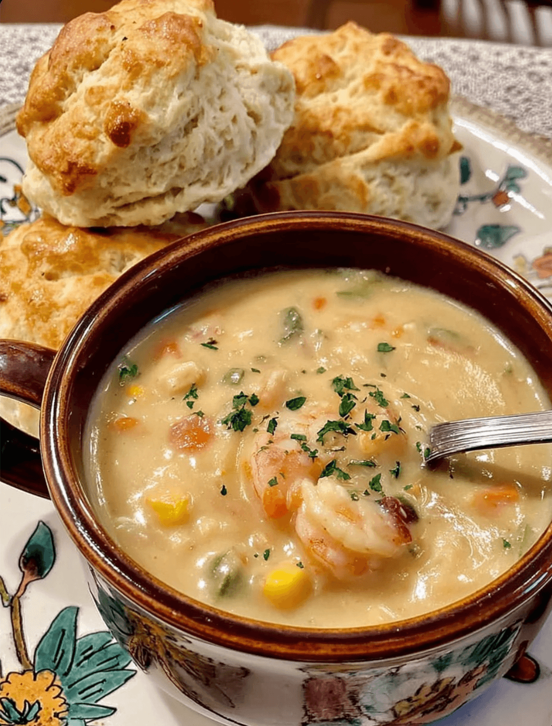 Delicious Sweet Corn Shrimp Chowder & Cheesy Garlic Biscuits Recipe
