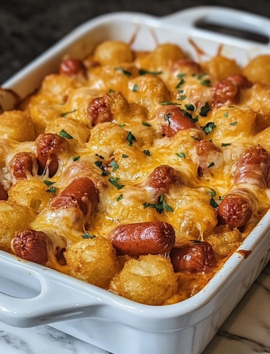 The Best Easy Cheesy Hot Dog Tater Tot Casserole