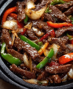 “Homemade 30-Minute Stir-Fry served in a vintage white skillet, colorful mix of sautéed chicken, bell peppers, broccoli, and carrots glazed with soy sauce, steam rising in warm kitchen light for an old-fashioned home-cooked feel.”