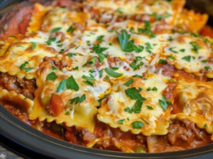 Slow Cooker Spring Vegetable Beef and Cheese Ravioli Lasagna