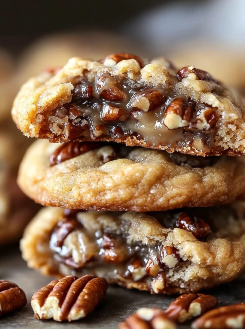 This image looks like Pecan Pie Cookies, which combine the rich, gooey filling of pecan pie with a soft cookie base. If you'd like to make them, here's a simple recipe: Pecan Pie Cookies Recipe Ingredients: For the Cookie Dough: 1 cup unsalted butter, softened 1 cup granulated sugar 1 egg 1 teaspoon vanilla extract 2 1/2 cups all-purpose flour 1 teaspoon baking powder 1/4 teaspoon salt For the Pecan Pie Filling: 1 cup chopped pecans 1/2 cup brown sugar 1/4 cup light corn syrup 2 tablespoons unsalted butter, melted 1 egg 1 teaspoon vanilla extract Instructions: Prepare the Cookie Dough: Preheat your oven to 350°F (175°C) and line baking sheets with parchment paper. In a bowl, cream together butter and sugar until light and fluffy. Add the egg and vanilla extract, beating until combined. Gradually mix in the flour, baking powder, and salt until you have a soft dough. Shape the dough into small balls and place them on the prepared baking sheets. Use your thumb or the back of a spoon to create small indentations in the center of each dough ball. Make the Pecan Pie Filling: In a medium bowl, stir together chopped pecans, brown sugar, corn syrup, melted butter, egg, and vanilla extract until well combined. Assemble the Cookies: Spoon a small amount of the pecan pie filling into the indentation of each cookie. Bake for 12–15 minutes, or until the edges of the cookies are golden. Cool and Serve: Let the cookies cool on the baking sheet for a few minutes before transferring them to a wire rack to cool completely. These cookies are perfect for fall gatherings or as a twist on a classic pecan pie for the holidays!