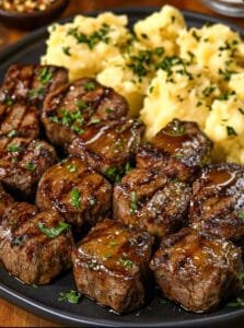 Garlic Butter Steak Bites and Cheesy Smashed Potatoes