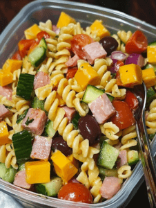 Cold Pasta Salad with Veggies, Cheese, and Ham