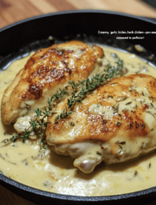 Crispy-skinned chicken breast in a white wine cream sauce with thyme, garlic and lemon