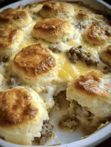 Biscuits and Gravy with Sausage and Egg Breakfast Casserole
