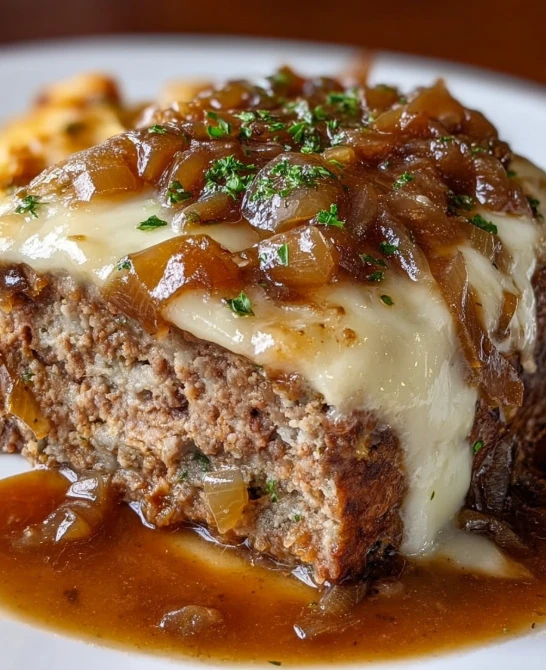 Crockpot French Onion Meatloaf with Melted Swiss Cheese