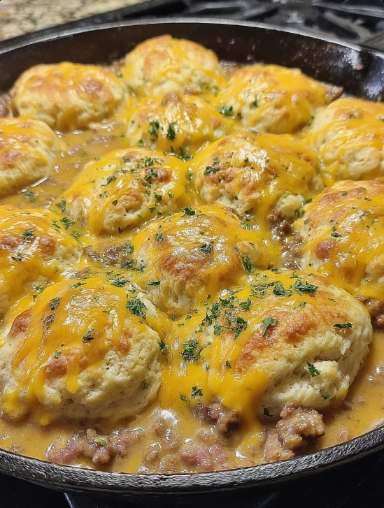 Easy One-Dish Cheddar Bay Hamburger Casserole with Garlic Butter Biscuit Topping