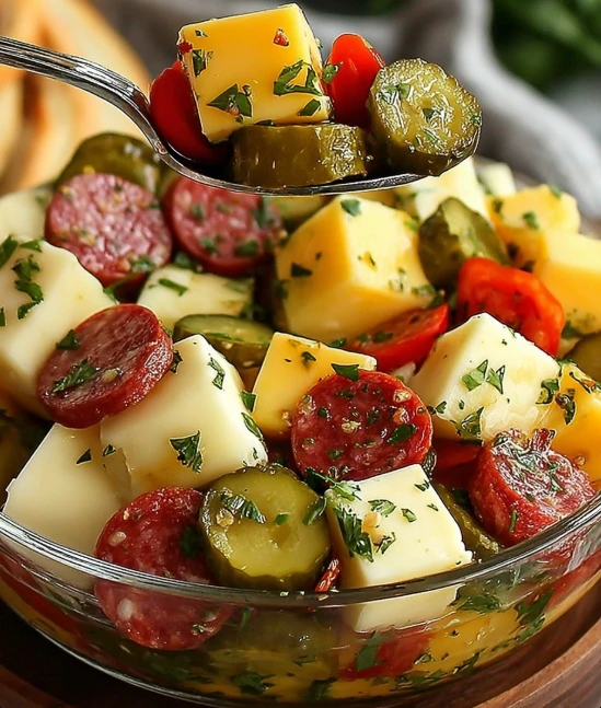 Easy Marinated Cheese Appetizer with Salami & Pickles