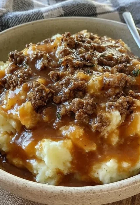 Easy Mashed Potatoes With Beef Gravy Recipe Homemade Ground Beef Gravy Over Mashed Potatoes Best Mashed Potatoes For Beef ...