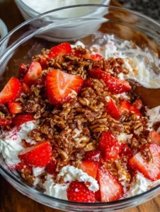 Easy Strawberry Crackle Salad with pretzel-pecan crunch and fresh berries