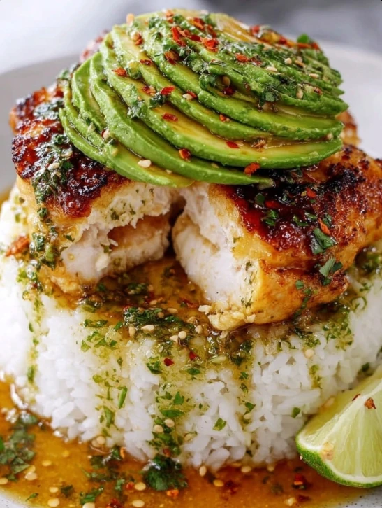 Tender Honey Lime Chicken atop Creamy Avocado Rice Stack
