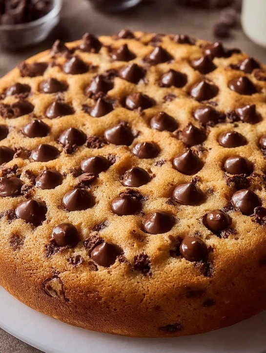 Classic Chocolate Chip Cookie Cake with chewy center & crisp edges