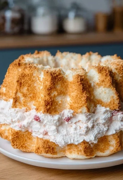 Best Fresh Strawberry Angel Cake Recipe Tender Angel Food Cake With Strawberries Homemade Strawberry Angel Food Cake Toppi...