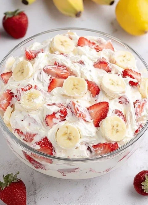 Strawberry Banana Cheesecake Salad Recipe Easy Strawberry Banana Cheesecake Salad Best Strawberry Banana Cheesecake Desser...
