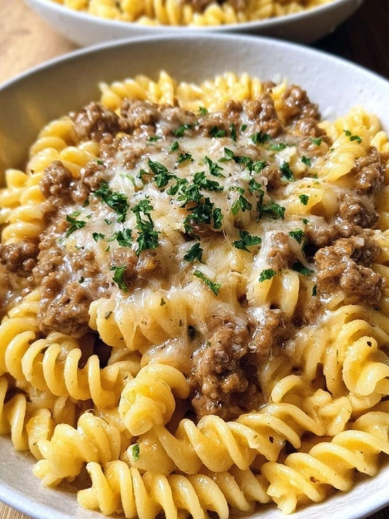 Beef and Rotini in Garlic Parmesan Sauce