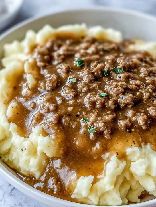 Ground Beef & Gravy Over Mashed Potatoes
