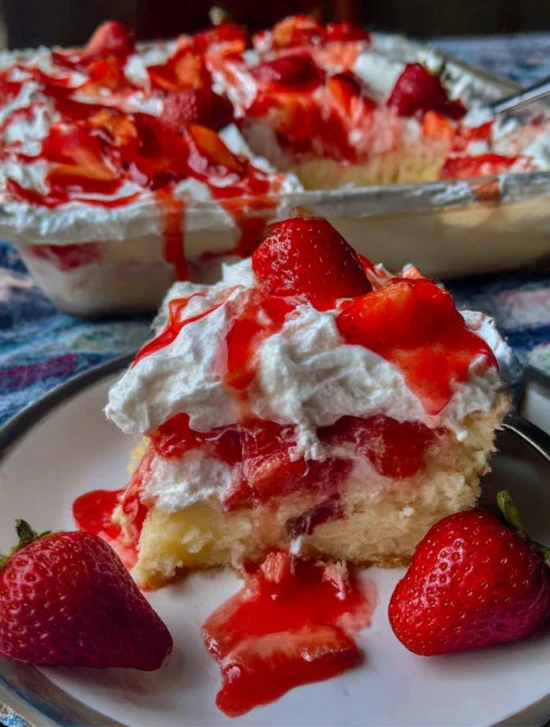 Old-Fashioned Family Strawberry Shortcake Poke Cake