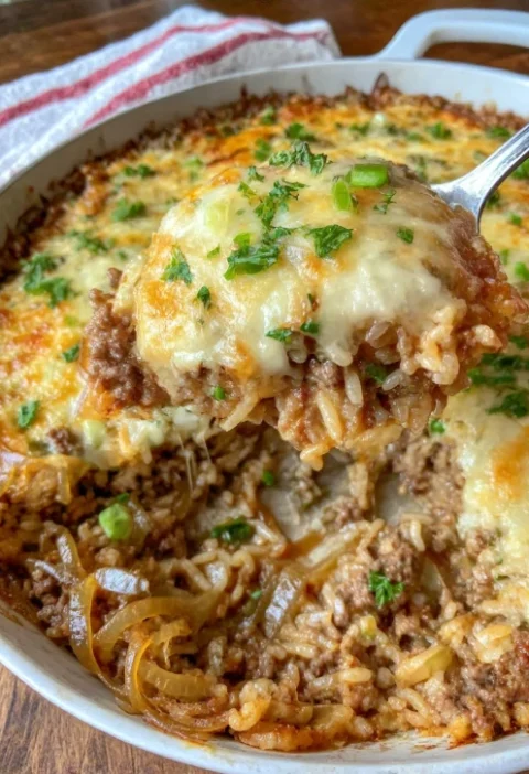 One Pan French Onion Ground Beef Rice Casserole