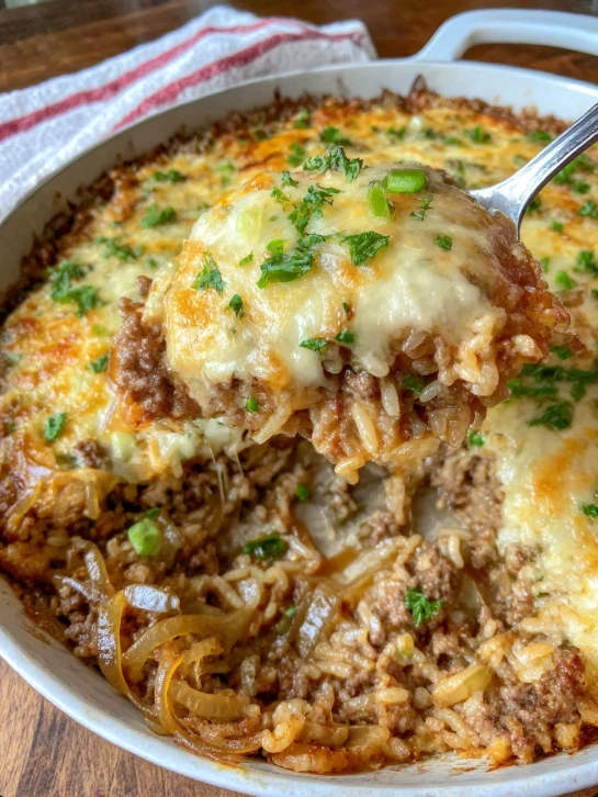 One Pan French Onion Ground Beef Rice Casserole