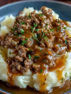 round Beef and Gravy Over Mashed Potatoes