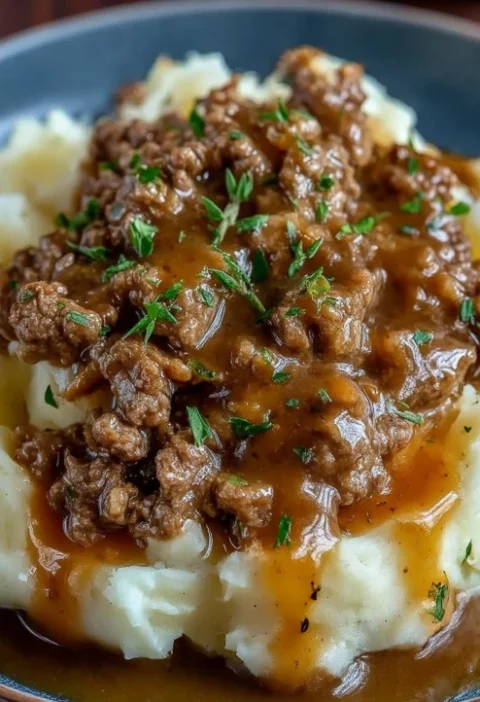 Round Beef Gravy Over Mashed Potatoes