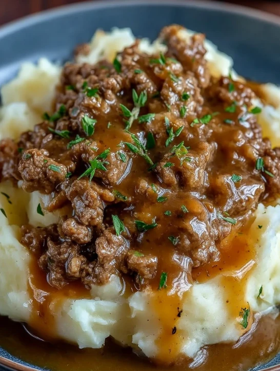 Round Beef Gravy Over Mashed Potatoes