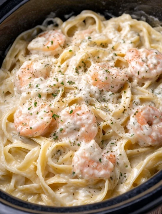 4-Ingredient Slow Cooker Shrimp Alfredo (Using Frozen Shrimp)