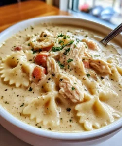 Creamy Chicken Alfredo Pasta Soup with Bowtie Pasta