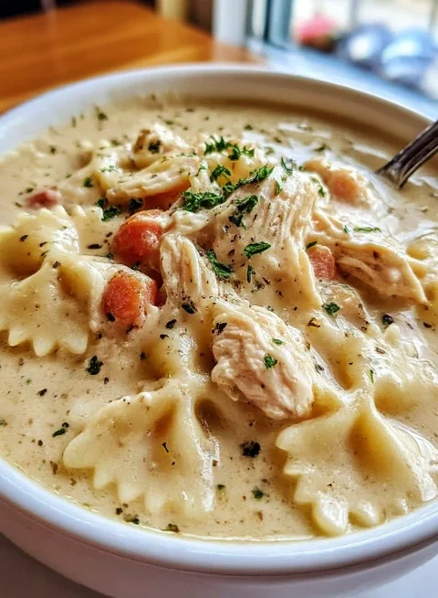 Creamy Chicken Alfredo Pasta Soup Bowtie