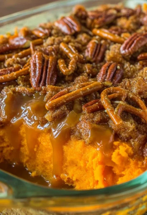 Salted Caramel Pretzel Sweet Potato Casserole