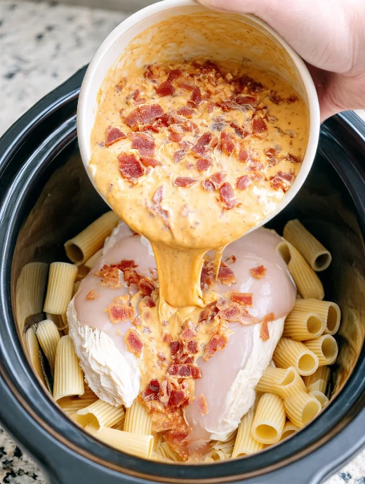Slow Cooker Creamy Cheddar Bacon Chicken Rigatoni