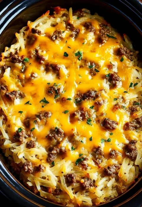 Slow Cooker Ground Beef Hash Brown Bake