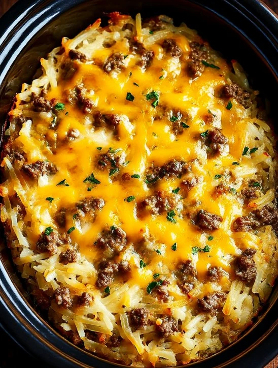 Slow Cooker Ground Beef Hash Brown Bake