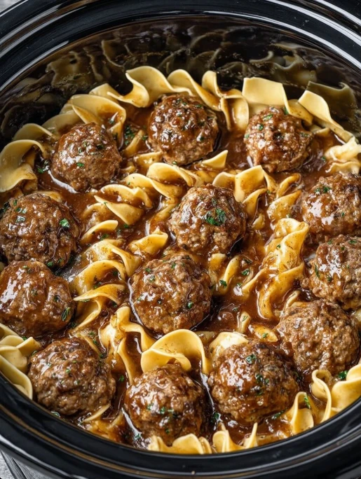 Slow Cooker 4-Ingredient Amish Meatball Noodles