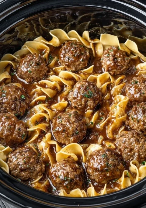 Slow Cooker 4ingredient Amish Meatball Noodles
