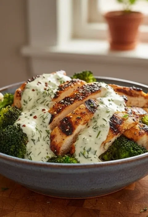 Grilled Chicken Broccoli Bowls with Creamy Garlic Sauce