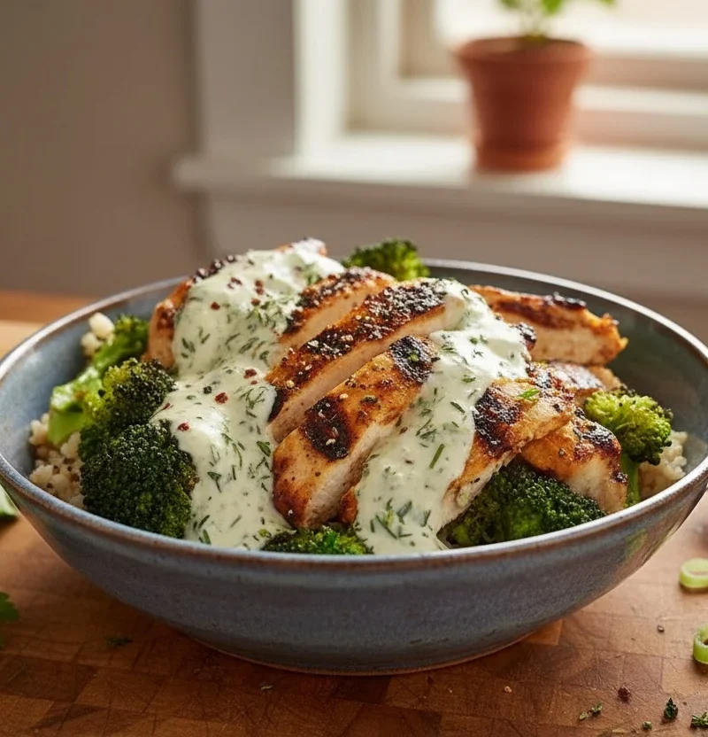 Grilled Chicken Broccoli Bowls with Creamy Garlic Sauce