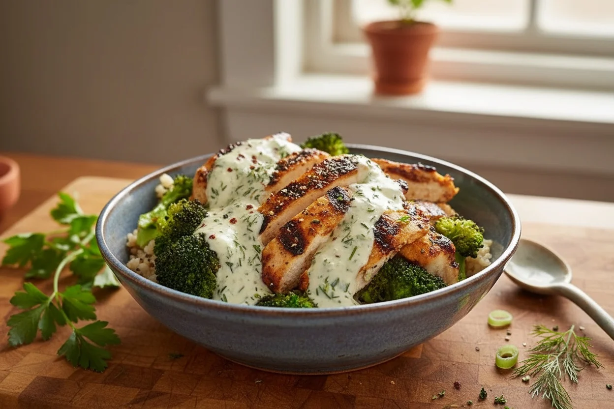 Grilled Chicken Broccoli Bowls with Creamy Garlic Sauce
