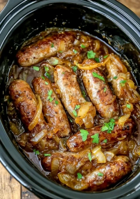 Slow Cooker 4-Ingredient Bangers and Onions