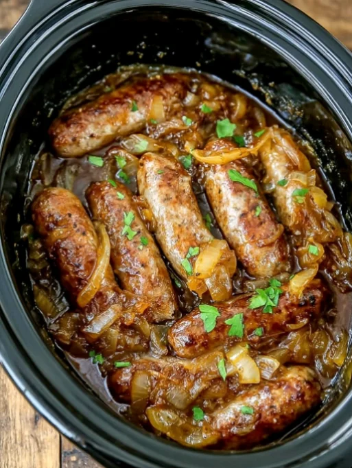 Slow Cooker 4-Ingredient Bangers and Onions