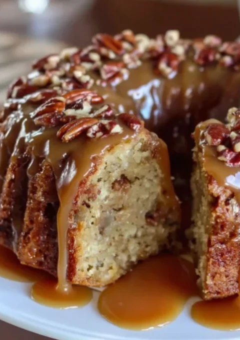 Apple Pecan Cake with Caramel Sauce
