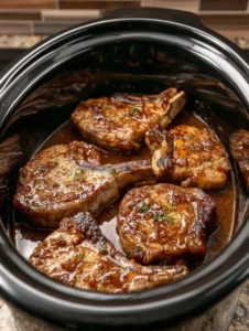 Chops Cooking in a Black Slow Cooker