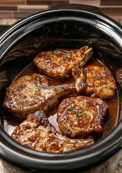 chops cooking in a black slow cooker