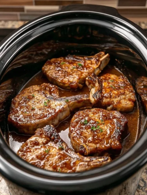 chops cooking in a black slow cooker