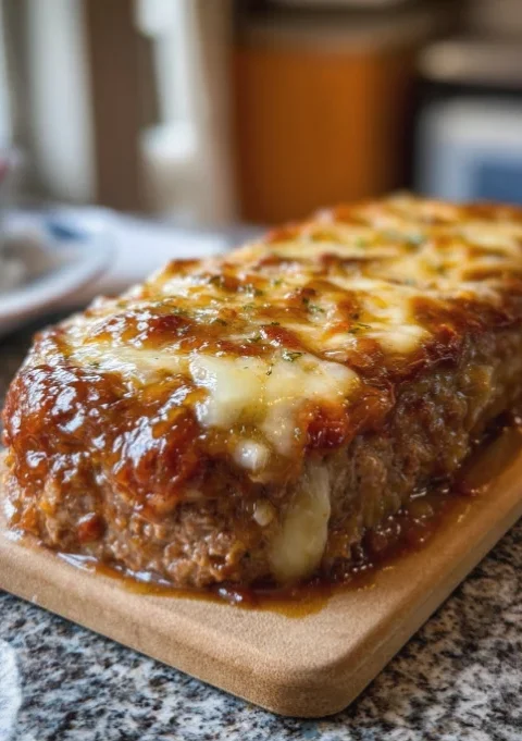 French Onion Meatloaf with Melted Swiss Cheese