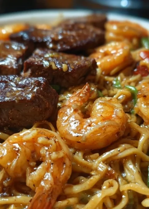 Garlic Butter Steak and Shrimp Stir-Fried Noodles