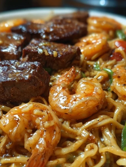 Garlic Butter Steak and Shrimp Stir-Fried Noodles