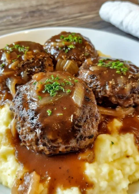 Salisbury Steak with Garlic Mashed Potatoes and Mushroom Gravy